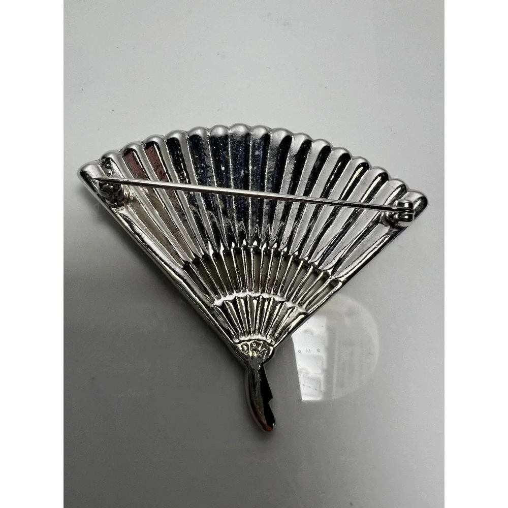 VTG ORA Rhinestone Brooch Pin Fan Shaped And Clip On Earrings Silver Ton 1950s